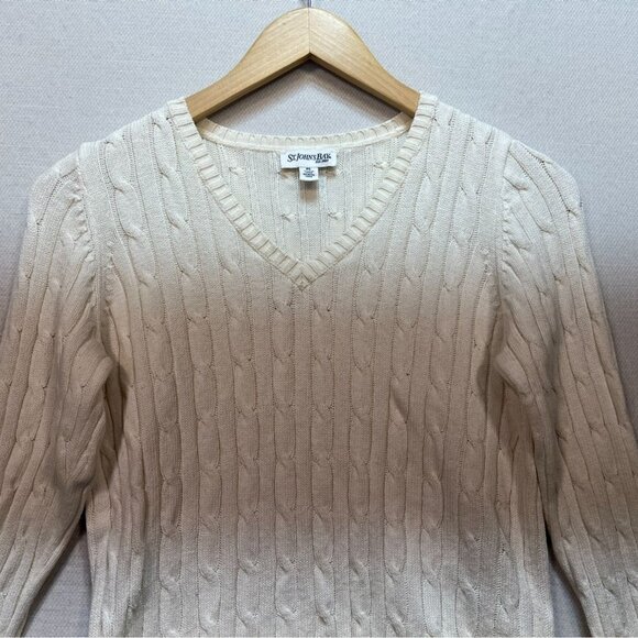 St. Johns Bay Womens Fisherman Sweater Small Petite Ivory Cable Knit Cozy - Picture 4 of 12
